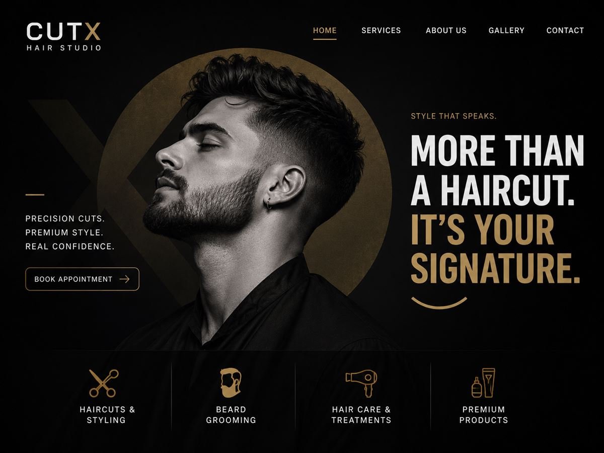 CutX Hair Studio website concept — "More Than a Haircut"