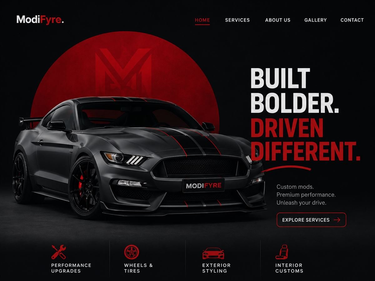ModiFyre auto customization website concept — "Built Bolder, Driven Different"