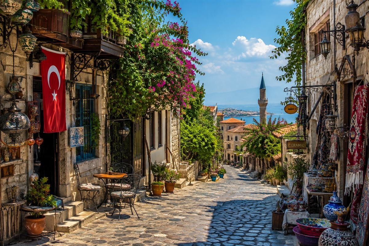 Turkey — cobblestone street in Cunda